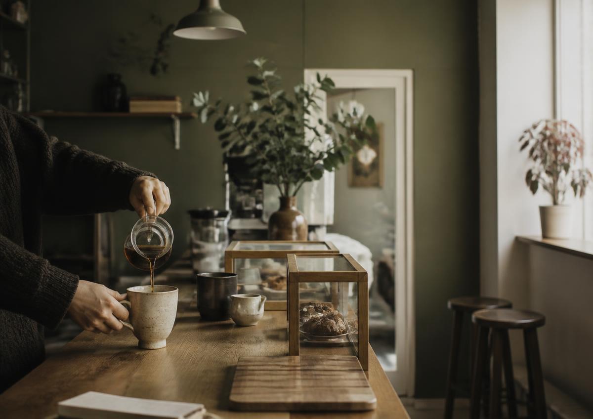 Kafémiljö där kaffe hälls upp vid en träbardisk